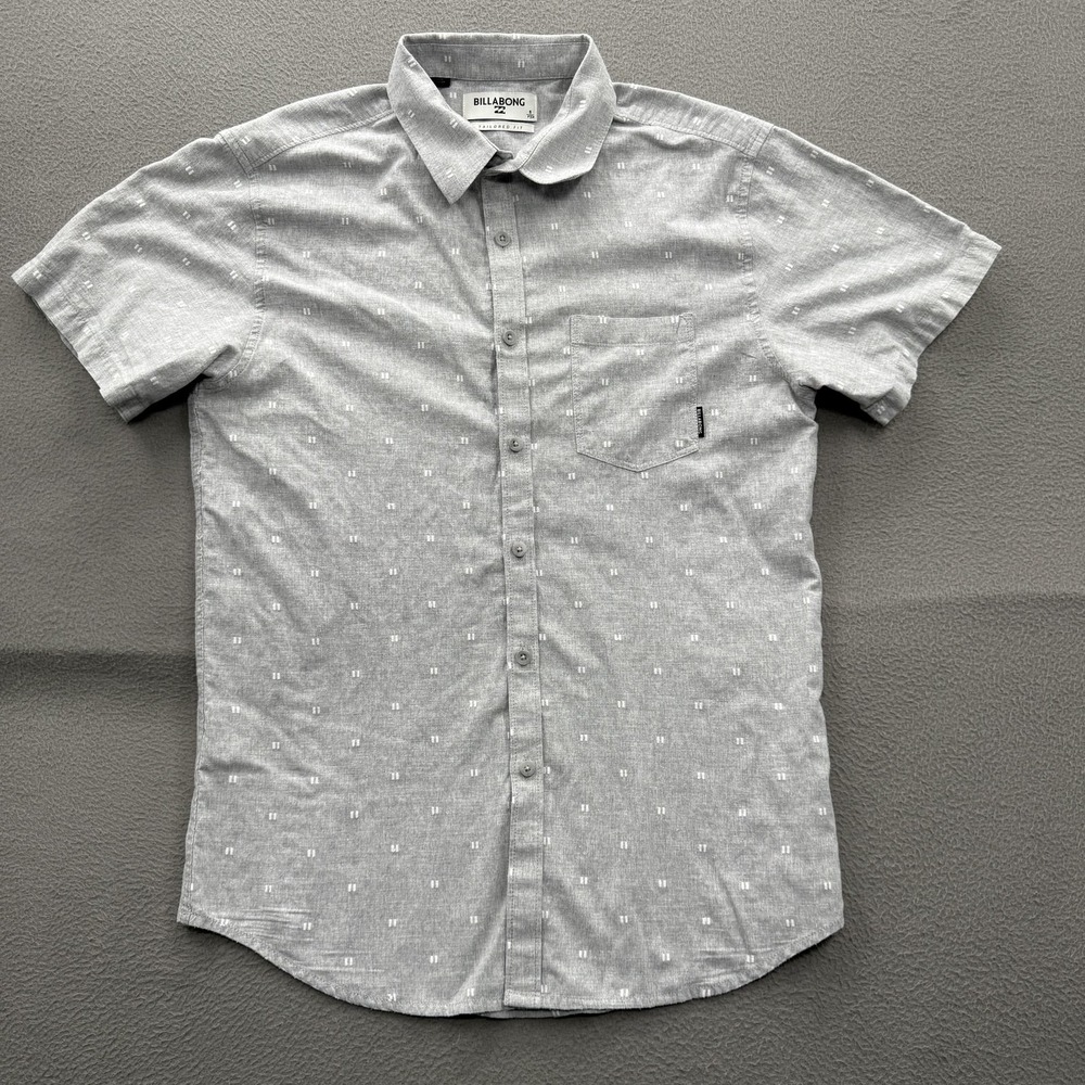 Billabong Shirt Mens Small Gray Geometric Chambray Short Sleeve Button Up Casual